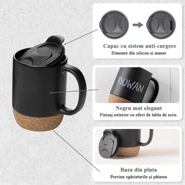 Set 2 cani cafea/ceai, Quasar & Co.®, pretabile voiaj/calatorie, cu capac to go, baza de pluta, ceramica, 400 ml, corai/negru - imagine 6
