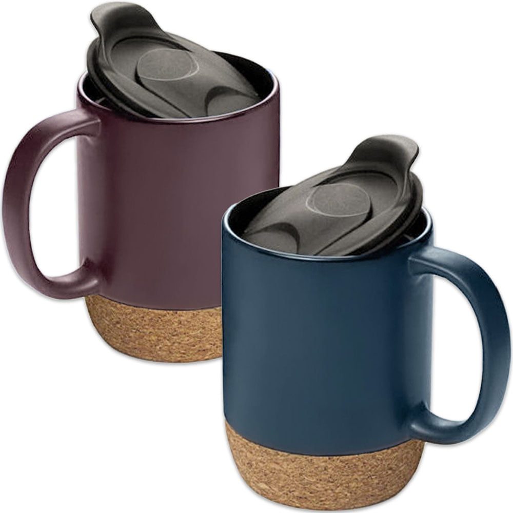 43041311-1 Set 2 cani cafea/ceai, Quasar & Co.®, pretabile voiaj/calatorie, cu capac to go, baza de pluta, ceramica, 400 ml, bleumarin/visiniu