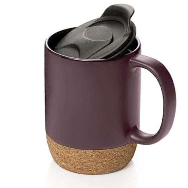 Set 2 cani cafea/ceai, Quasar & Co.®, pretabile voiaj/calatorie, cu capac to go, baza de pluta, ceramica, 400 ml, bleumarin/visiniu - imagine 3