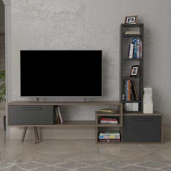 Comoda TV, Quasar & Co.®, mobilier living, 169.6 x 29.5 x 133 cm, MDF, gri/nuc - imagine 5