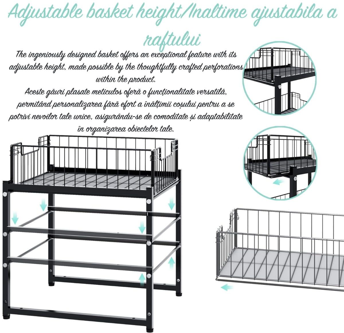 Raft depozitare universal, Quasar & Co.®, cu 2 compartimente, glisant, multifunctional, etajat, 35 x 28 x 31 cm, metal, negru 2