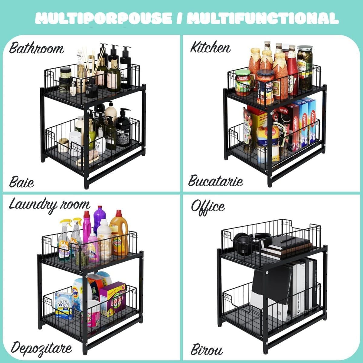 Raft depozitare universal, Quasar & Co.®, cu 2 compartimente, glisant, multifunctional, etajat, 35 x 28 x 31 cm, metal, negru 3