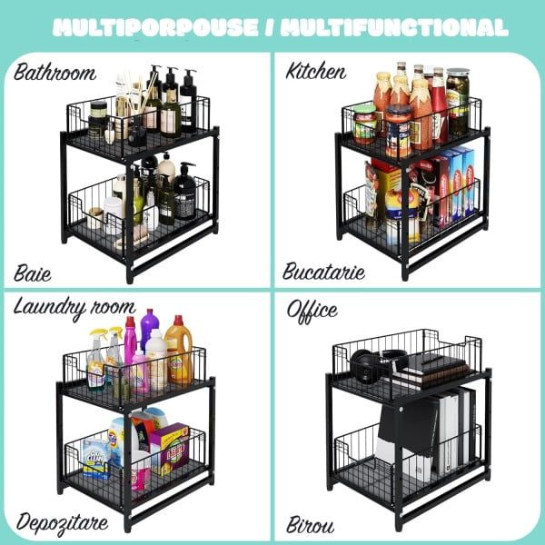 Raft depozitare universal, Quasar & Co.®, cu 2 compartimente, glisant, multifunctional, etajat, 35 x 28 x 31 cm, metal, negru - imagine 3