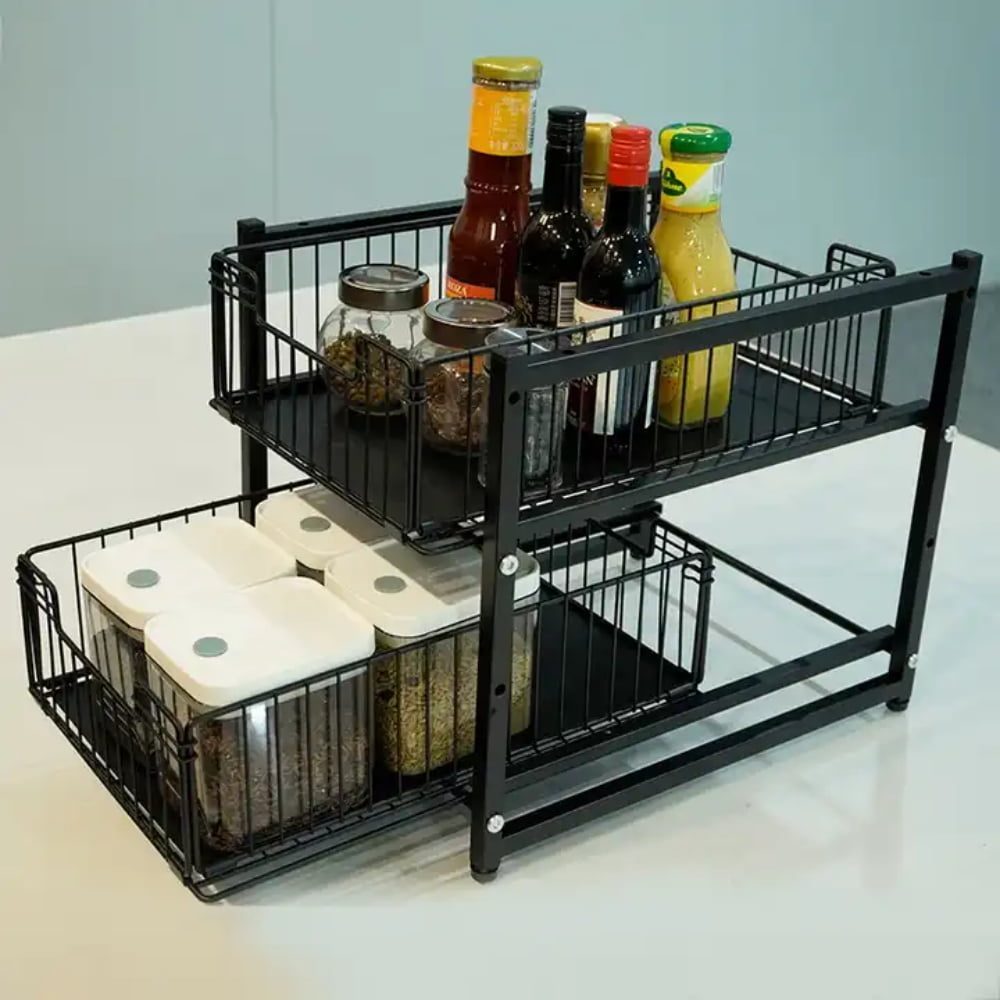 Raft depozitare universal, Quasar & Co.®, cu 2 compartimente, glisant, multifunctional, etajat, 35 x 28 x 31 cm, metal, negru 8