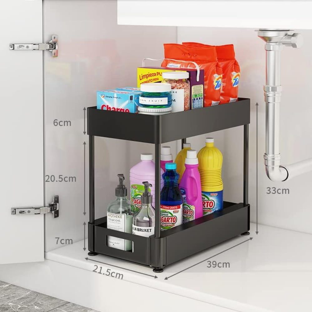 Raft depozitare universal, Quasar & Co.®, 2 compartimente, glisant, multifunctional, etajat, ABS/metal, 39 x 21.5 x 33 cm, negru 4