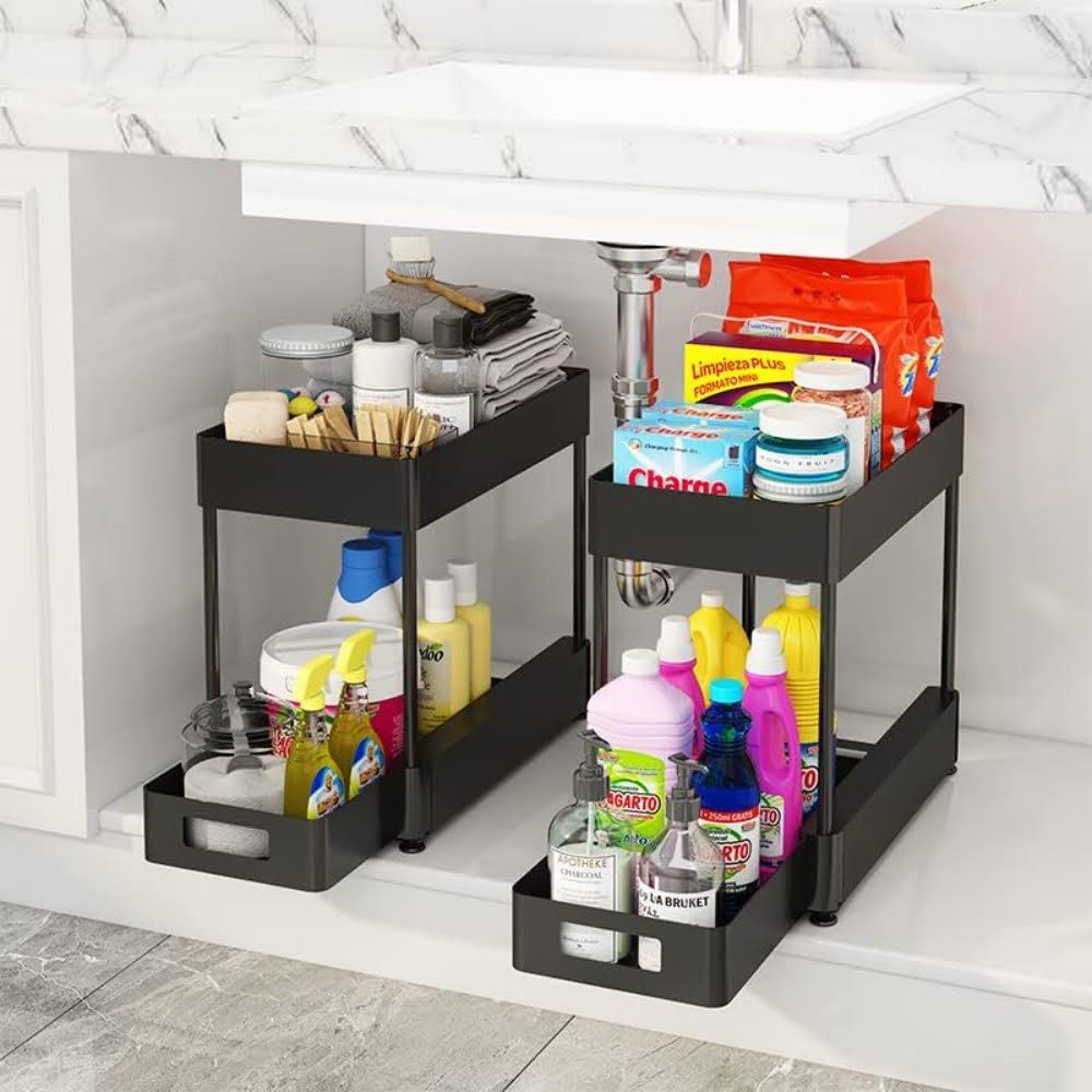 Raft depozitare universal, Quasar & Co.®, 2 compartimente, glisant, multifunctional, etajat, ABS/metal, 39 x 21.5 x 33 cm, negru 7