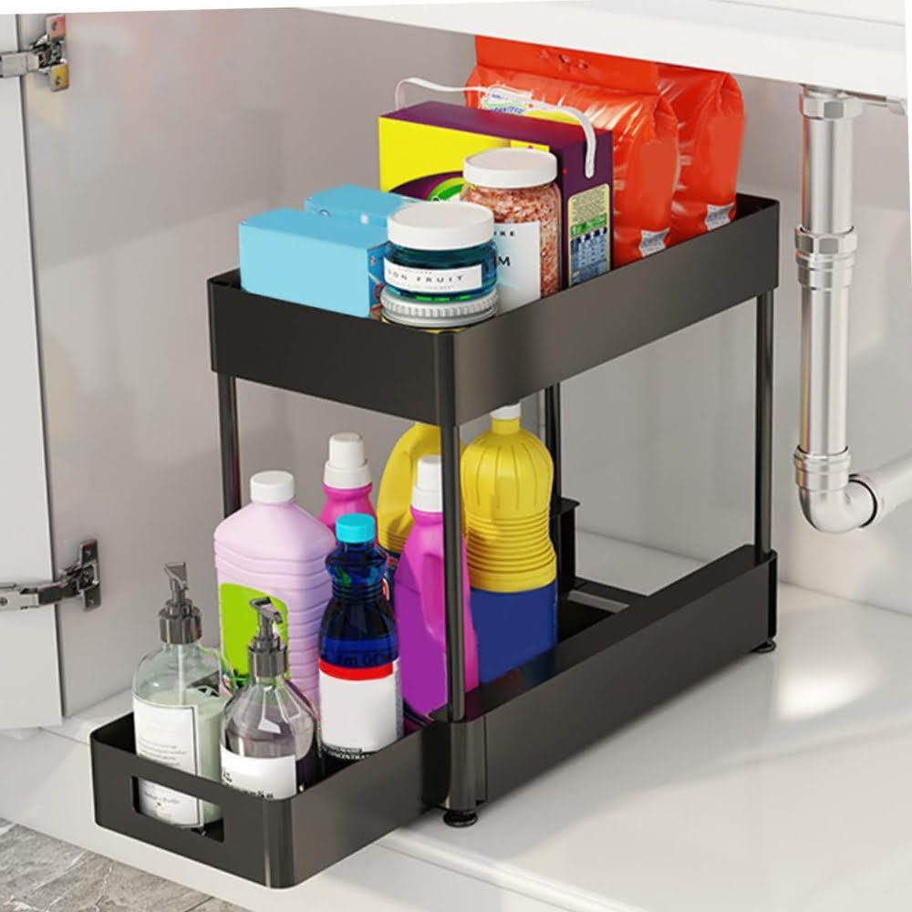 Raft depozitare universal, Quasar & Co.®, 2 compartimente, glisant, multifunctional, etajat, ABS/metal, 39 x 21.5 x 33 cm, negru 8