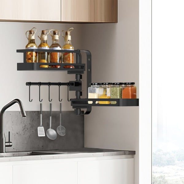 Raft depozitare, Quasar & Co.®, rotativ, etajera cu 2 polite, cu rotatie 180°, cu carlige, metal, 30 x 30 x 12 cm, negru - imagine 3