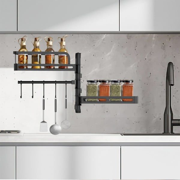 Raft depozitare, Quasar & Co.®, rotativ, etajera cu 2 polite, cu rotatie 180°, cu carlige, metal, 30 x 30 x 12 cm, negru - imagine 6