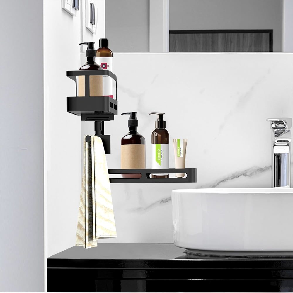 Raft depozitare, Quasar & Co.®, rotativ, etajera cu 2 polite, cu rotatie 180°, cu carlige, metal, 30 x 30 x 12 cm, negru 8