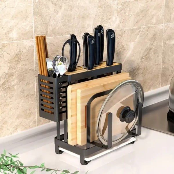 Suport ustensile bucatarie, Quasar & Co.®, pentru capac/tocator, tacamuri si cutite, otel inoxidabil, 24 x 13 x 23.5 cm, negru - imagine 6