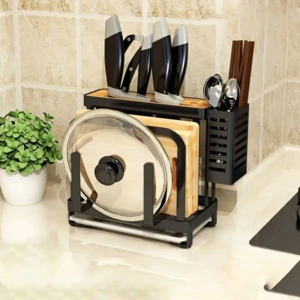 Suport ustensile bucatarie, Quasar & Co.®, pentru capac/tocator, tacamuri si cutite, otel inoxidabil, 24 x 13 x 23.5 cm, negru - imagine 7