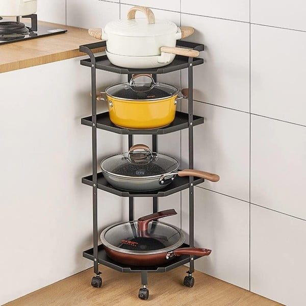 Raft depozitare pentru bucatarie, Quasar & Co.®, cu roti, 4 polite, pentru colt, 35 x 30 x 82 cm, metal, negru - imagine 3