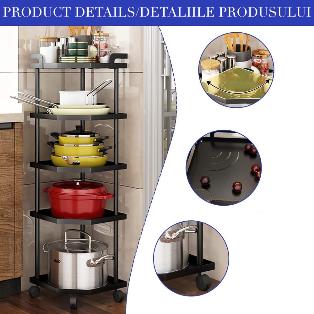 Raft depozitare pentru bucatarie, Quasar & Co.®, cu roti, 4 polite, pentru colt, 35 x 30 x 82 cm, metal, negru 4 Raft depozitare pentru bucatarie, Quasar & Co.®, cu roti, 4 polite, pentru colt, 35 x 30 x 82 cm, metal, negru 4