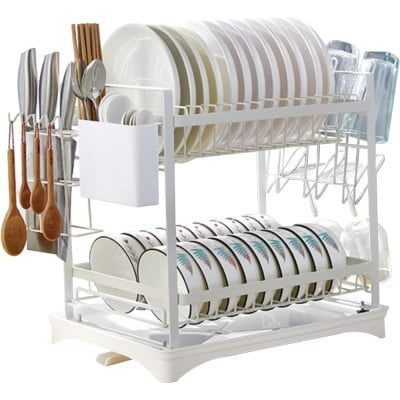Scurgator de vase, Quasar & Co.®, etajat, cu suport cutite, tacamuri, tocator, tava scurgere, 41 x 29 x 40 cm, metal, alb 11