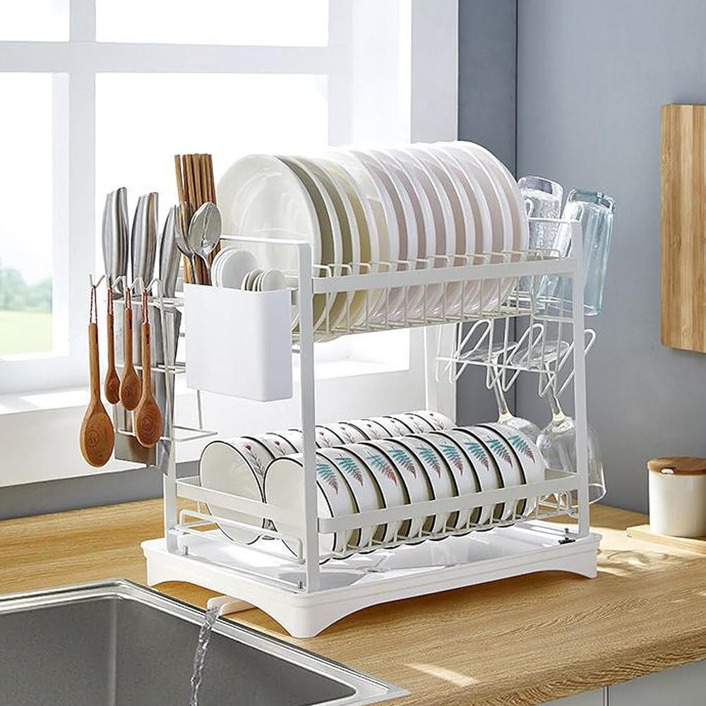 Scurgator de vase, Quasar & Co.®, etajat, cu suport cutite, tacamuri, tocator, tava scurgere, 41 x 29 x 40 cm, metal, alb 4