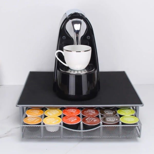 Suport pentru 36 capsule cafea, Quasar & Co.®, cu suport cafetiera, stand orizontal, suprafata antiaderenta 35 x 39 x 7,7 cm, metal, negru/gri - imagine 3