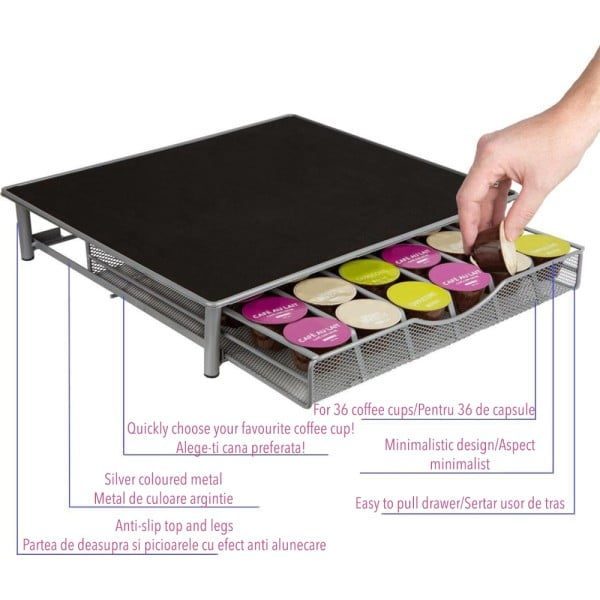 Suport pentru 36 capsule cafea, Quasar & Co.®, cu suport cafetiera, stand orizontal, suprafata antiaderenta 35 x 39 x 7,7 cm, metal, negru/gri - imagine 4