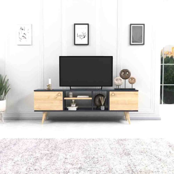 Comoda TV, Quasar & Co.®, mobilier living, 160 x 29.5 x 50 cm, MDF, gri/pin - imagine 3