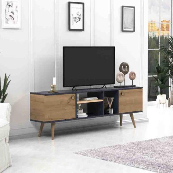Comoda TV, Quasar & Co.®, mobilier living, 160 x 29.5 x 50 cm, MDF, gri/pin - imagine 4