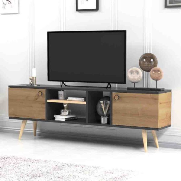 Comoda TV, Quasar & Co.®, mobilier living, 160 x 29.5 x 50 cm, MDF, gri/pin - imagine 6
