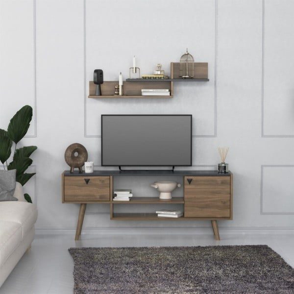 Comoda TV, Quasar & Co.®, cu raft superior de perete, mobilier living, 140 x 29.5 x 55 cm, MDF, negru/fag - imagine 5