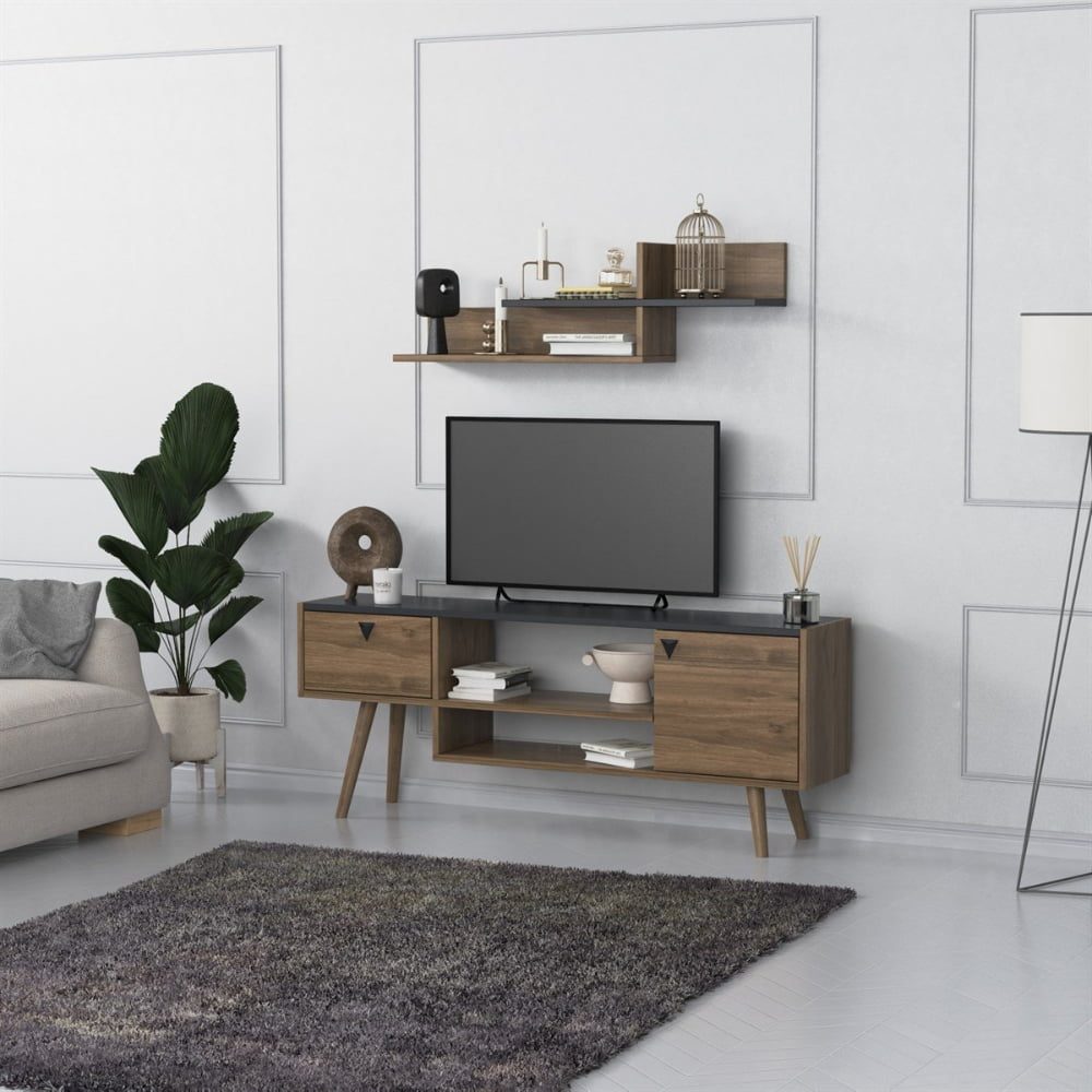 43026205-5 Comoda TV, Quasar & Co.®, cu raft superior de perete, mobilier living, 140 x 29.5 x 55 cm, MDF, negru/fag