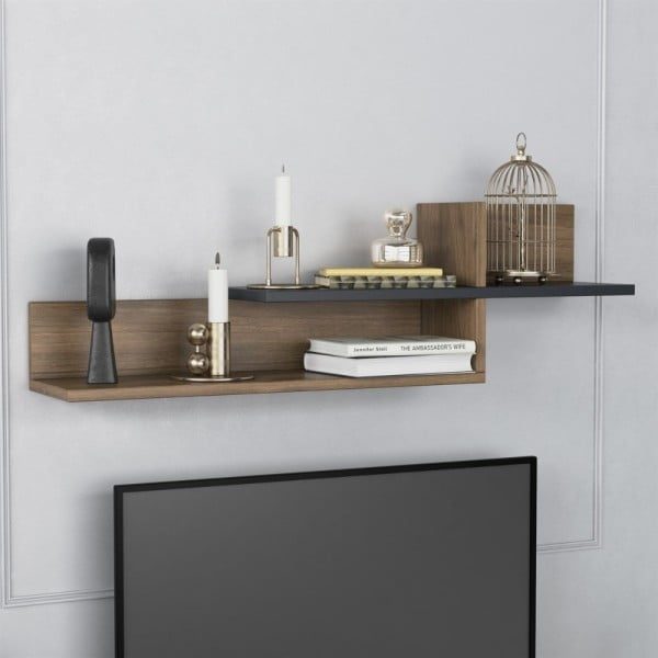 Comoda TV, Quasar & Co.®, cu raft superior de perete, mobilier living, 140 x 29.5 x 55 cm, MDF, negru/fag - imagine 7
