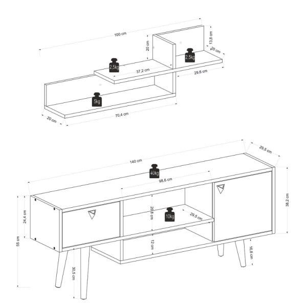 Comoda TV, Quasar & Co.®, cu raft superior de perete, mobilier living, 140 x 29.5 x 55 cm, MDF, negru/fag - imagine 8