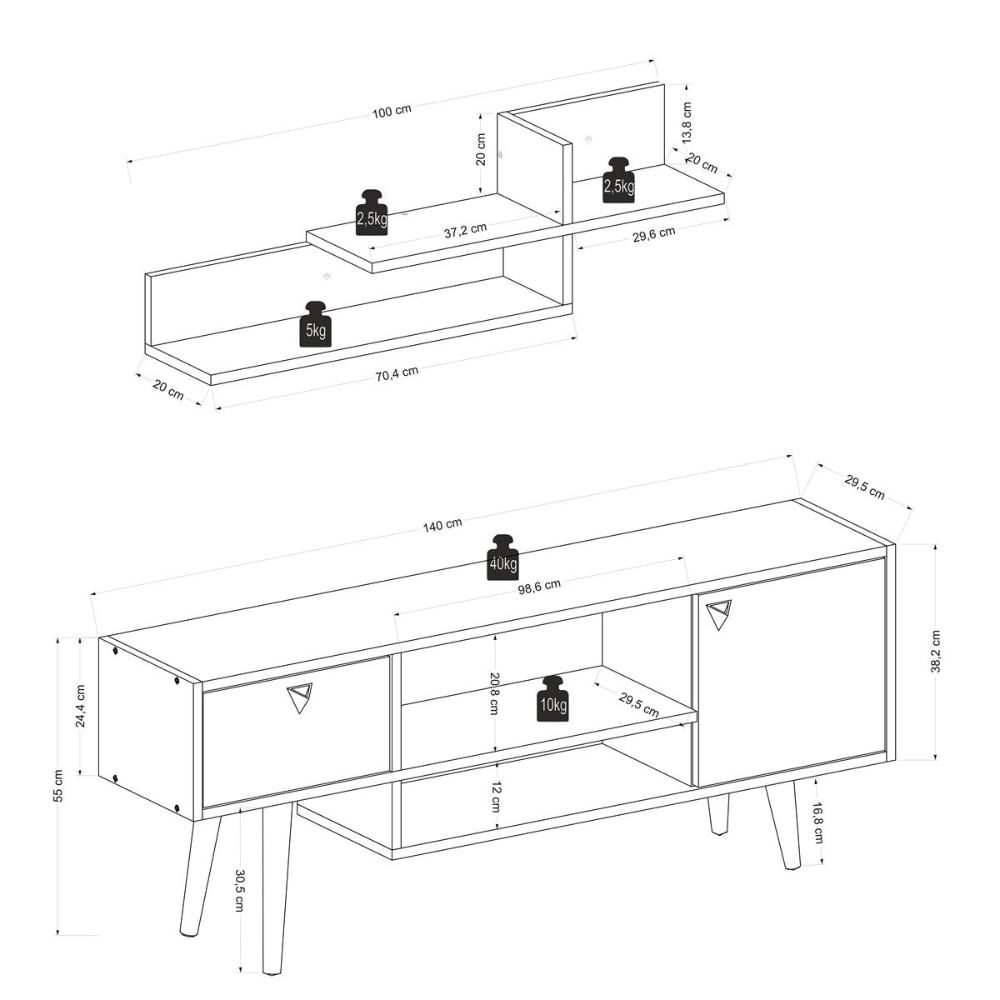 Comoda TV, Quasar & Co.®, cu raft superior de perete, mobilier living, 140 x 29.5 x 55 cm, MDF, negru/fag 8 Comoda TV, Quasar & Co.®, cu raft superior de perete, mobilier living, 140 x 29.5 x 55 cm, MDF, negru/fag 8