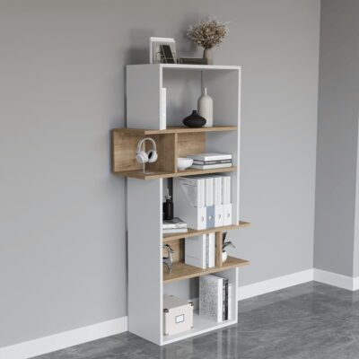 Biblioteca, Quasar & Co.®, mobilier living, 80 x 30 x 154 cm, MDF, alb/stejar natural 7