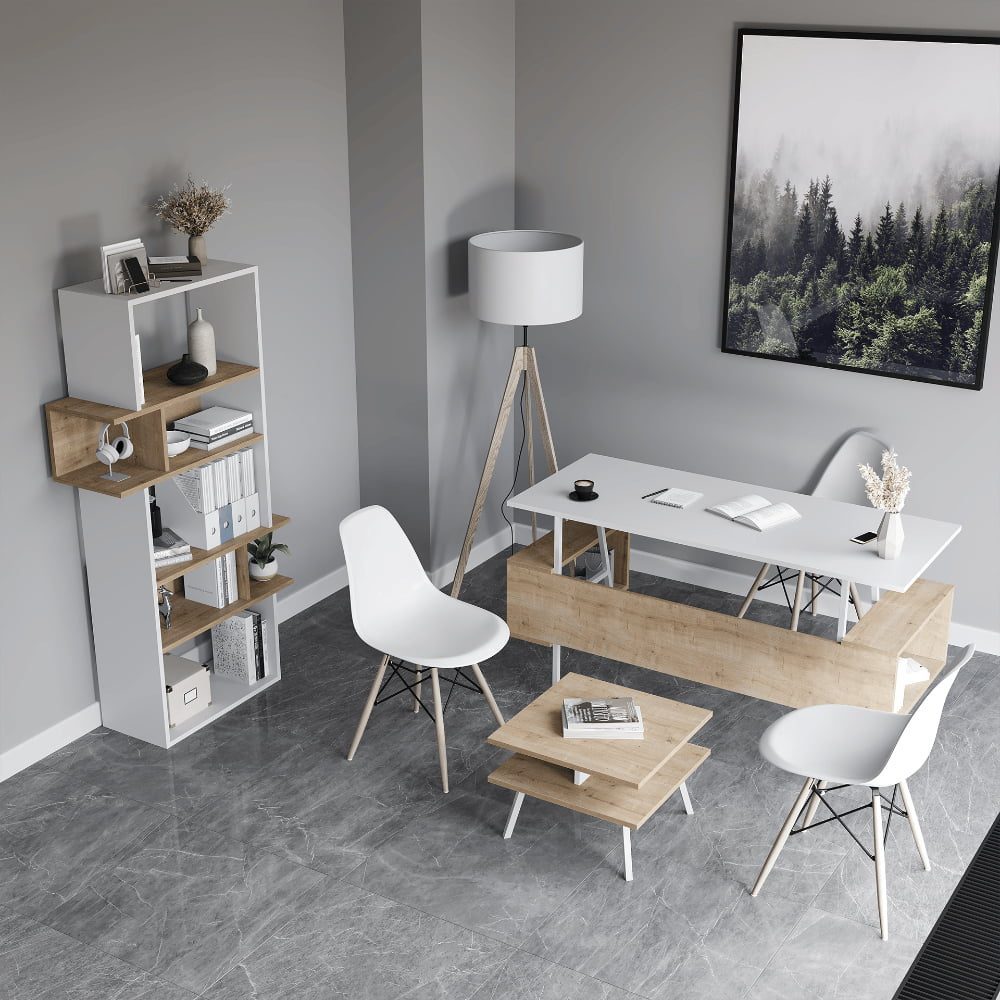Biblioteca, Quasar & Co.®, mobilier living, 80 x 30 x 154 cm, MDF, alb/stejar natural 4