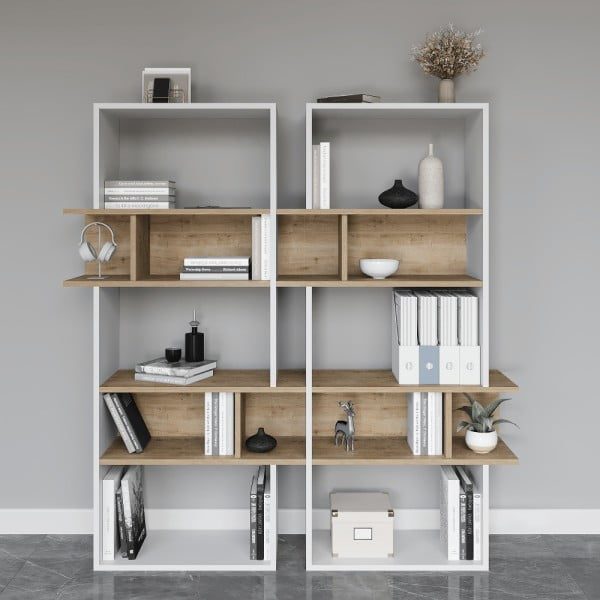 Biblioteca, Quasar & Co.®, mobilier living, 80 x 30 x 154 cm, MDF, alb/stejar natural - imagine 5