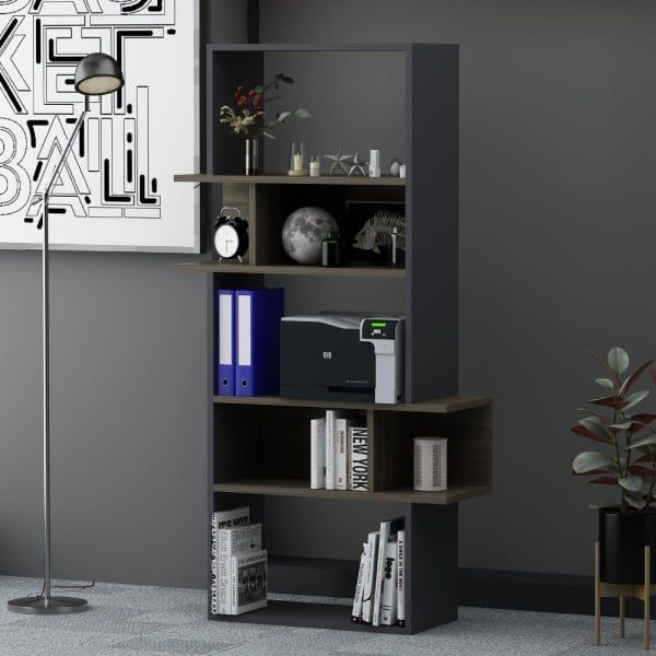 Biblioteca, Quasar & Co.®, mobilier living, 80 x 30 x 154 cm, MDF, negru/stejar antracit - imagine 4