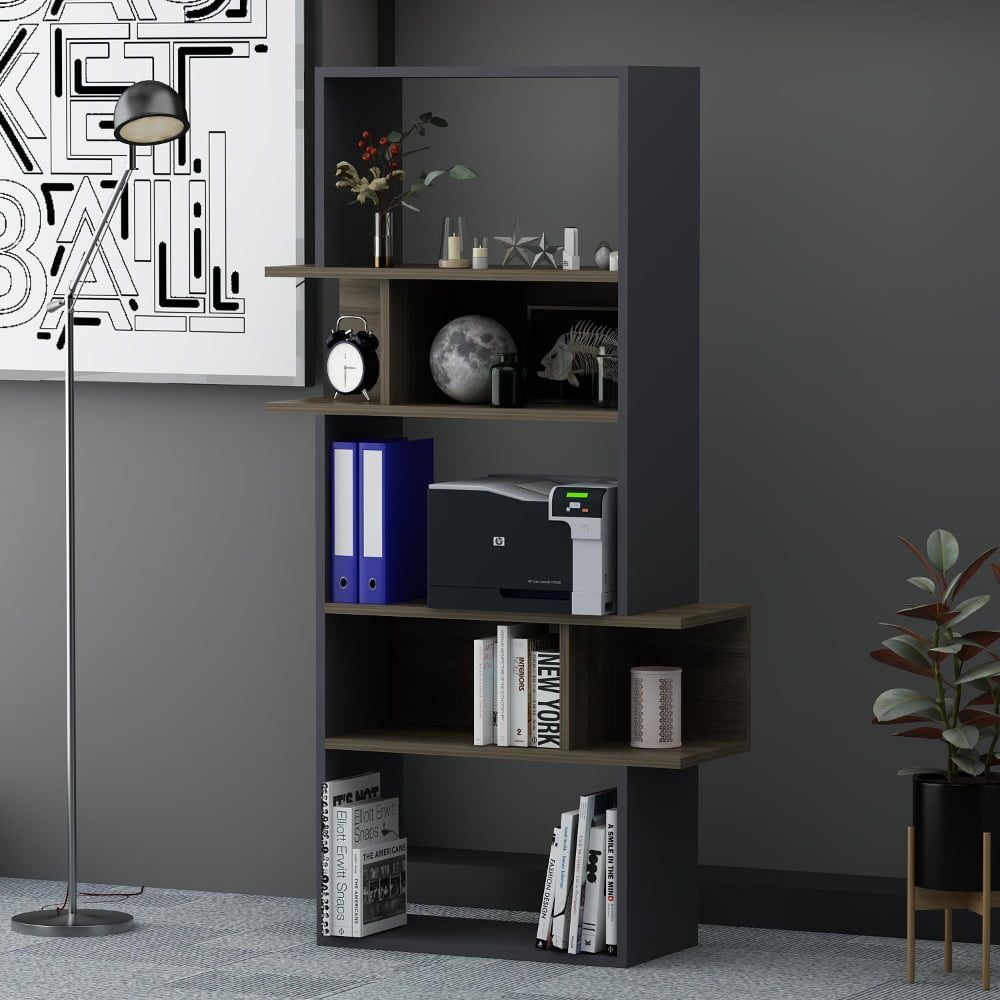 Biblioteca, Quasar & Co.®, mobilier living, 80 x 30 x 154 cm, MDF, negru/stejar antracit 4