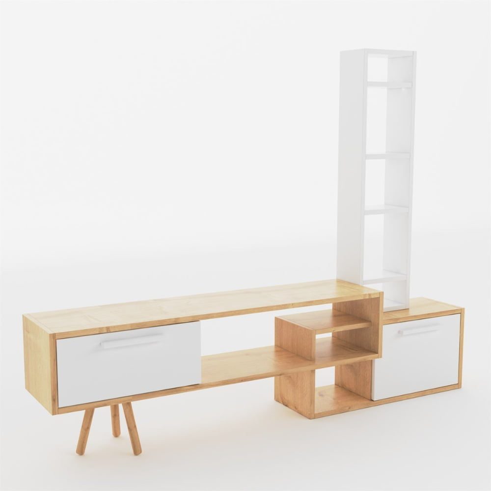Comoda TV, Quasar & Co.®, mobilier living, 169.6 x 29.5 x 133 cm, MDF, alb/stejar natural 3