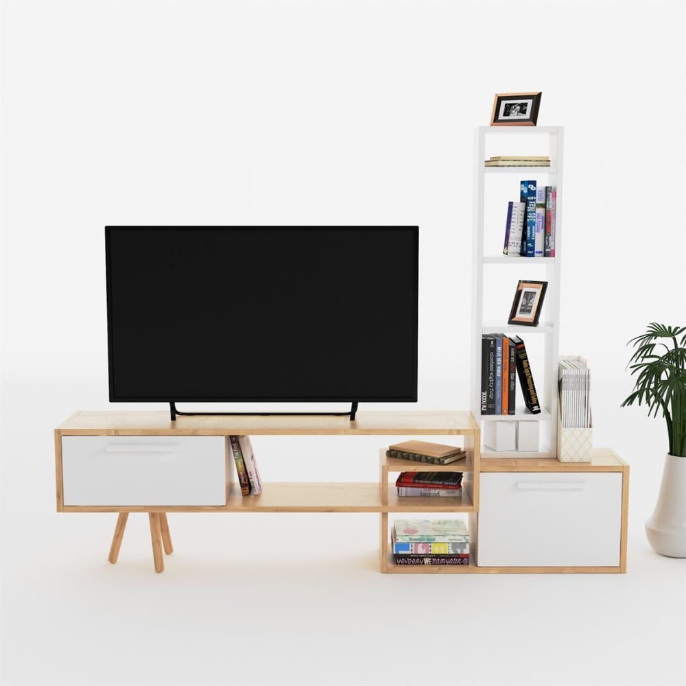 Comoda TV, Quasar & Co.®, mobilier living, 169.6 x 29.5 x 133 cm, MDF, alb/stejar natural 4
