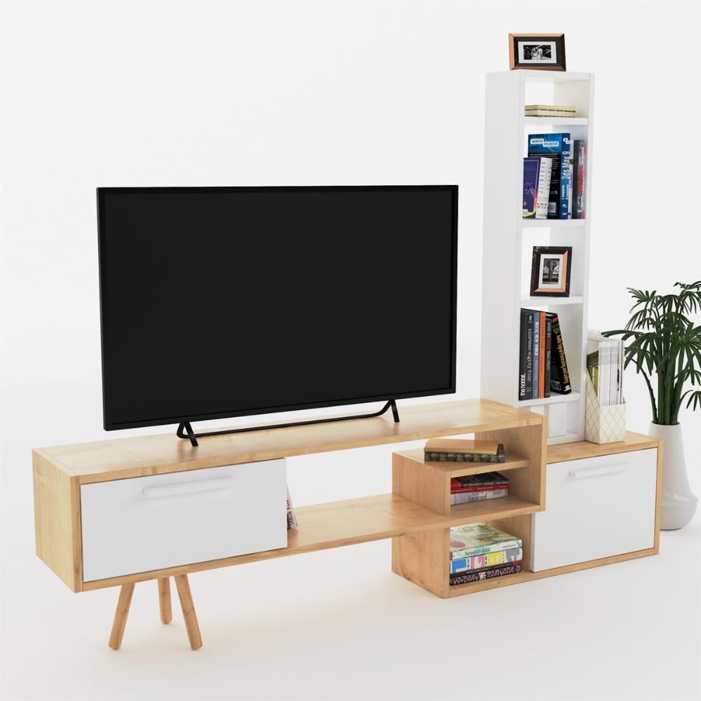 Comoda TV, Quasar & Co.®, mobilier living, 169.6 x 29.5 x 133 cm, MDF, alb/stejar natural 2