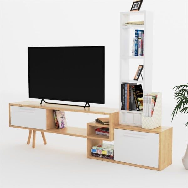 Comoda TV, Quasar & Co.®, mobilier living, 169.6 x 29.5 x 133 cm, MDF, alb/stejar natural - imagine 5