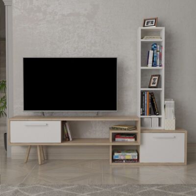 Comoda TV, Quasar & Co.®, mobilier living, 169.6 x 29.5 x 133 cm, MDF, alb/stejar natural 10