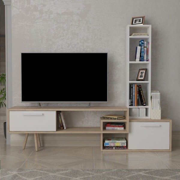 Comoda TV, Quasar & Co.®, mobilier living, 169.6 x 29.5 x 133 cm, MDF, alb/stejar natural - imagine 6