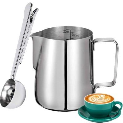 Set latiera pentru spumare lapte cu gradatie si lingurita dozatoare cafea/ceai, Quasar & Co.®, cu maner si cioc, cu clema de inchidere, cana barista, inox, 600 ml, argintiu 11