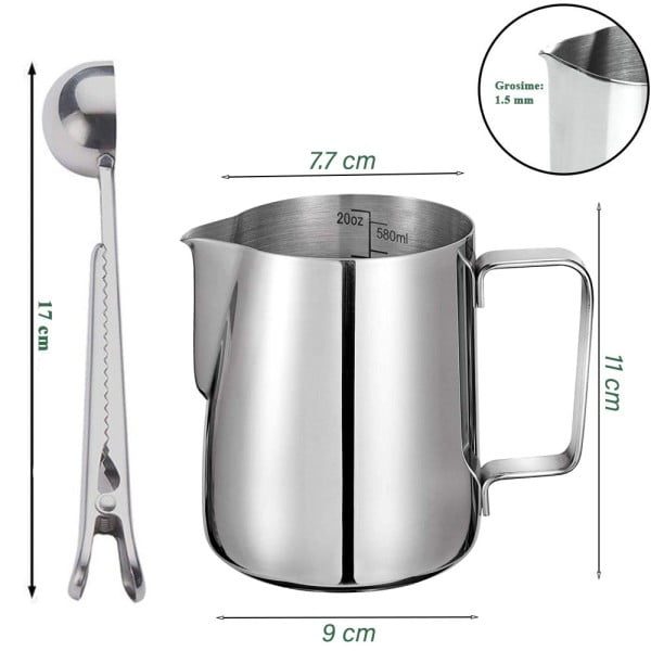 Set latiera pentru spumare lapte cu gradatie si lingurita dozatoare cafea/ceai, Quasar & Co.®, cu maner si cioc, cu clema de inchidere, cana barista, inox, 600 ml, argintiu - imagine 10