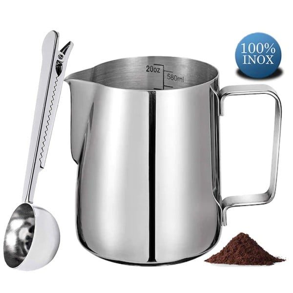 Set latiera pentru spumare lapte cu gradatie si lingurita dozatoare cafea/ceai, Quasar & Co.®, cu maner si cioc, cu clema de inchidere, cana barista, inox, 600 ml, argintiu - imagine 3