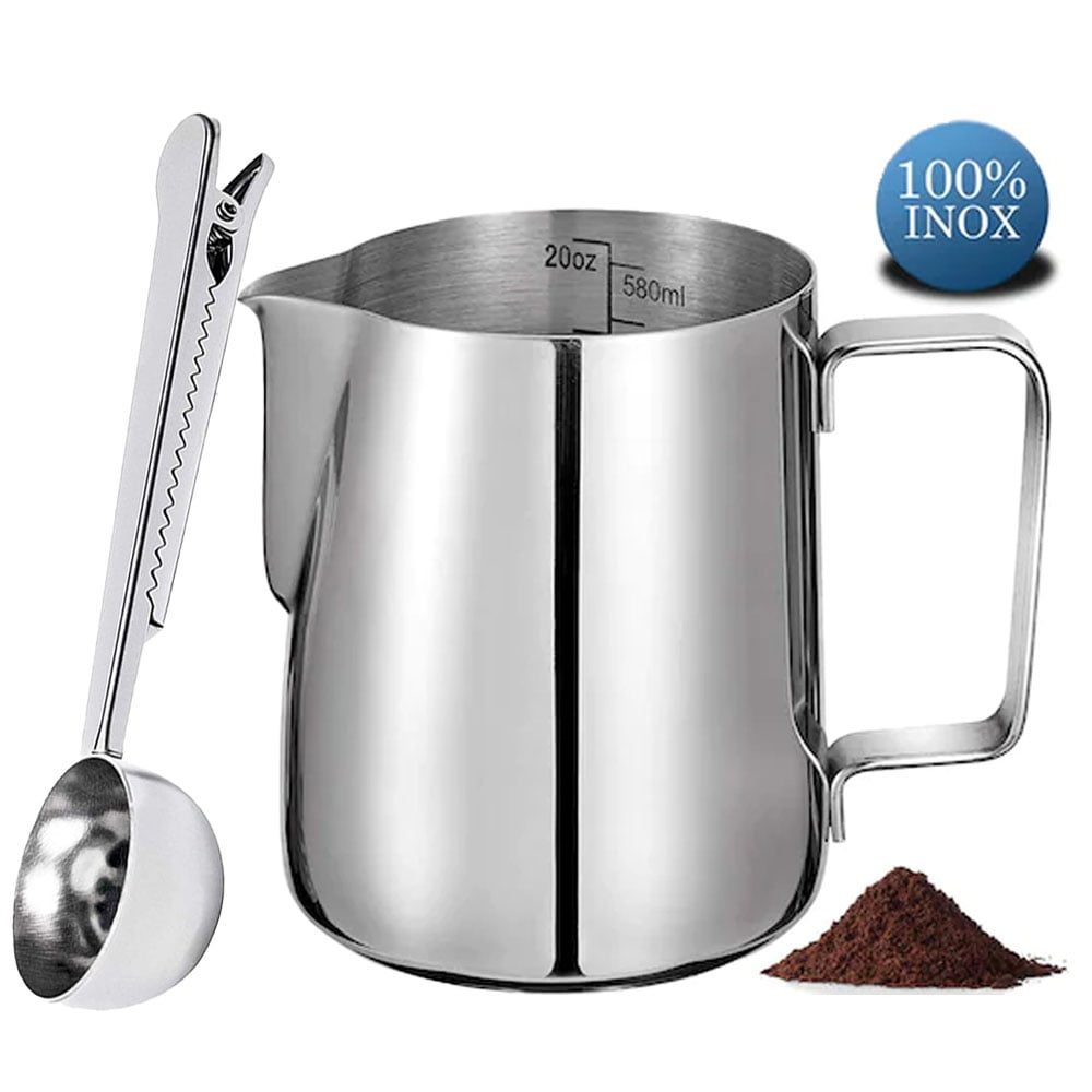 Set latiera pentru spumare lapte cu gradatie si lingurita dozatoare cafea/ceai, Quasar & Co.®, cu maner si cioc, cu clema de inchidere, cana barista, inox, 600 ml, argintiu 3