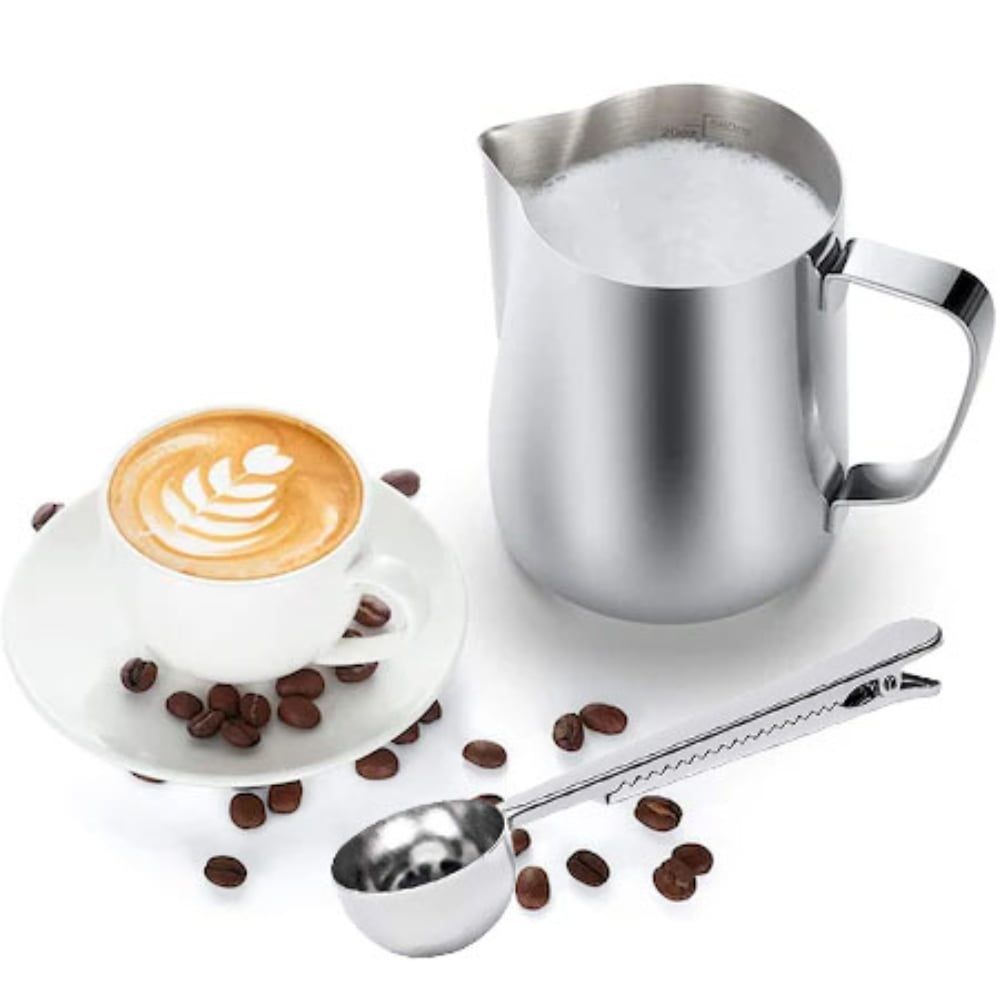 Set latiera pentru spumare lapte cu gradatie si lingurita dozatoare cafea/ceai, Quasar & Co.®, cu maner si cioc, cu clema de inchidere, cana barista, inox, 600 ml, argintiu 6