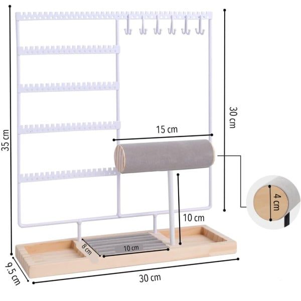 Suport bijuterii, Quasar & Co.®, pentru inele, lantisoare, bratari, ceasuri, cercei, lemn/metal, 35x9.5x30 cm, alb/natur - imagine 10