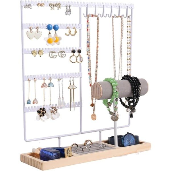Suport bijuterii, Quasar & Co.®, pentru inele, lantisoare, bratari, ceasuri, cercei, lemn/metal, 35x9.5x30 cm, alb/natur - imagine 2