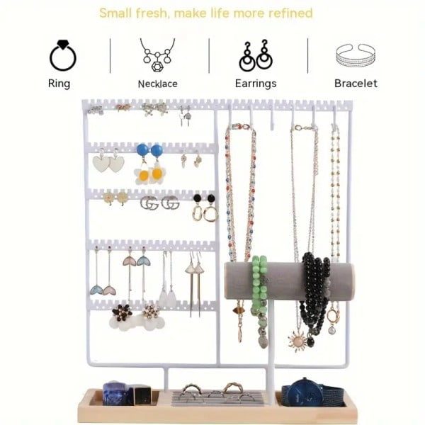 Suport bijuterii, Quasar & Co.®, pentru inele, lantisoare, bratari, ceasuri, cercei, lemn/metal, 35x9.5x30 cm, alb/natur - imagine 3
