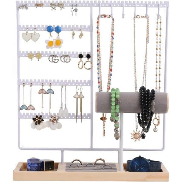 Suport bijuterii, Quasar & Co.®, pentru inele, lantisoare, bratari, ceasuri, cercei, lemn/metal, 35x9.5x30 cm, alb/natur - imagine 5